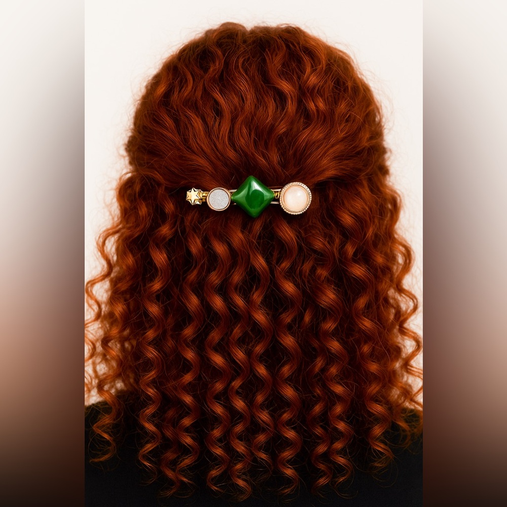 Green & Gold Jeweled Hair Clip – Elegant Textured Accent Barrette
